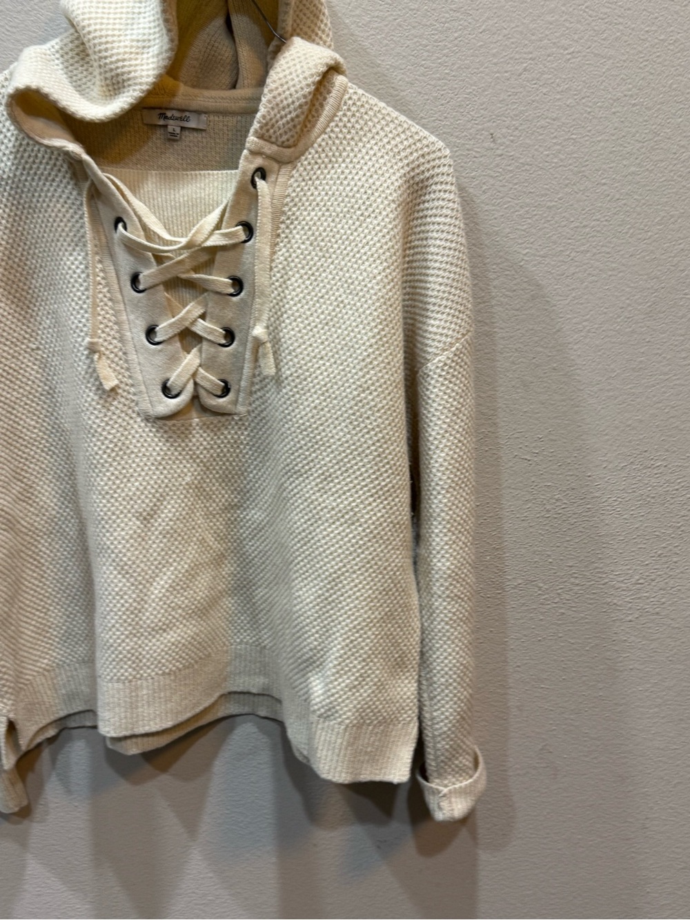 Madewell Jameson 100% Merino Wool Lace Up Waffle Knit Sweater Hoodie Cream - Picture 5 of 9